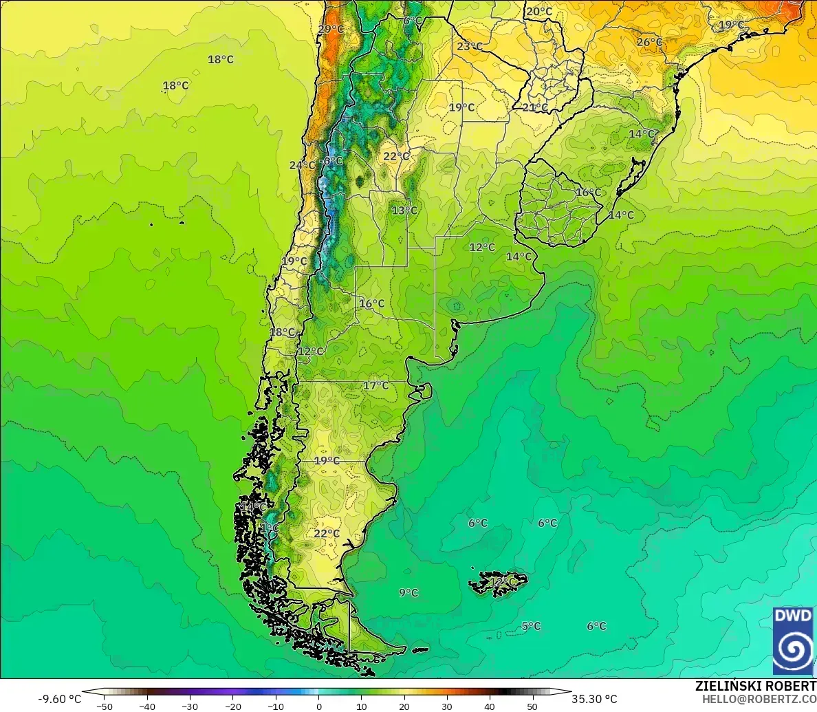 Temperaturas de hasta 26 °C al noreste de Argentina, domingo 25 de octubre de 2026. Modelo ICON