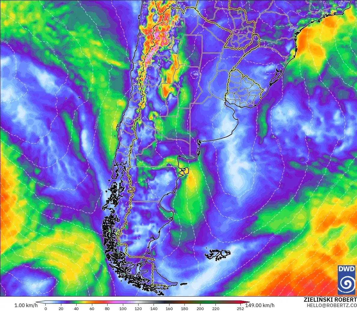Ráfagas de hasta 75 km/h al sureste de Argentina, lunes 26 de octubre de 2026. Modelo ICON