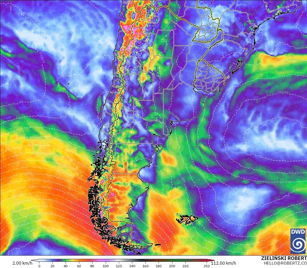 Ráfagas de hasta 77 km/h en el oeste de Argentina, sábado 31 de octubre de 2026. Modelo ICON