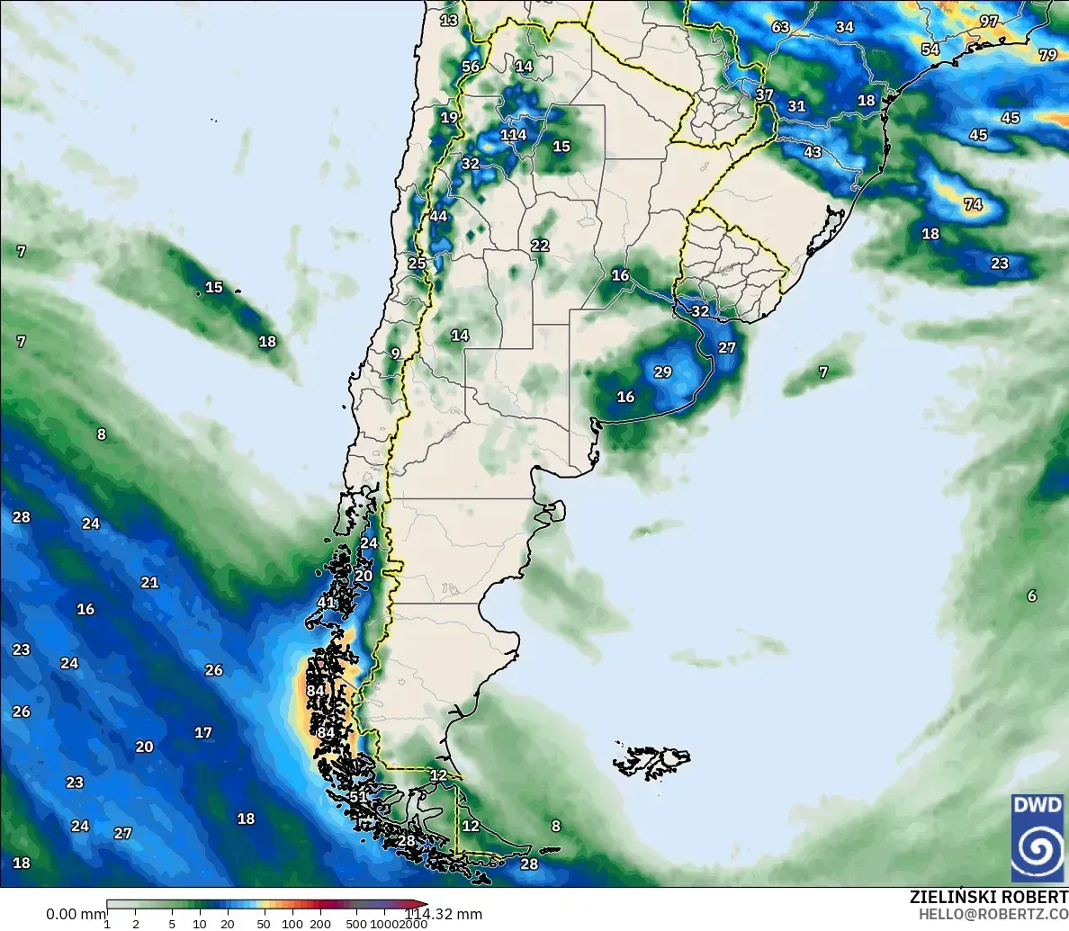 Lluvia de hasta 52 mm en 3,6 días en el oeste de Argentina, sábado 31 de octubre de 2026. Modelo ICON