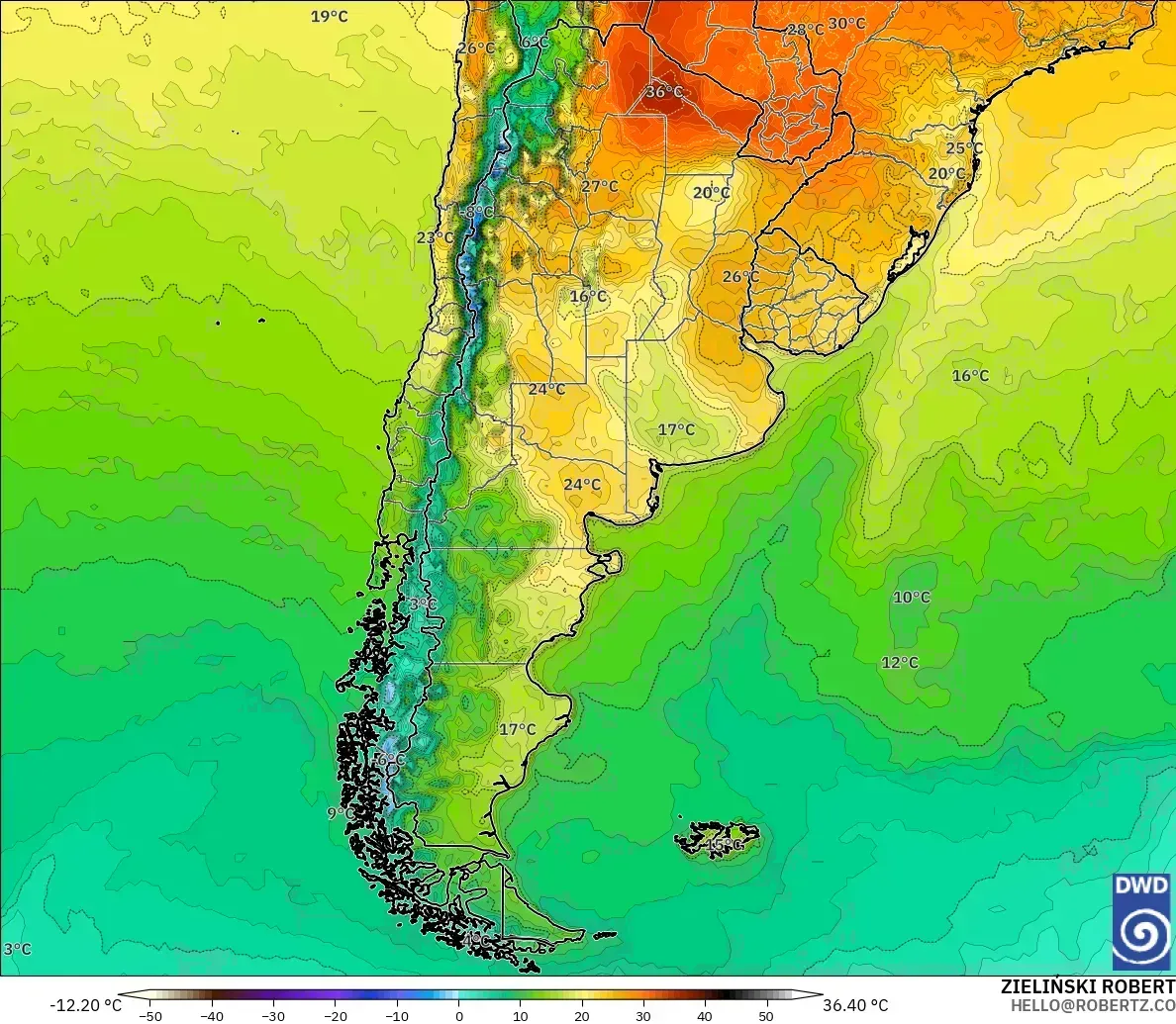 Temperaturas de hasta 33 °C en toda Argentina, domingo 1 de noviembre de 2026. Modelo ICON