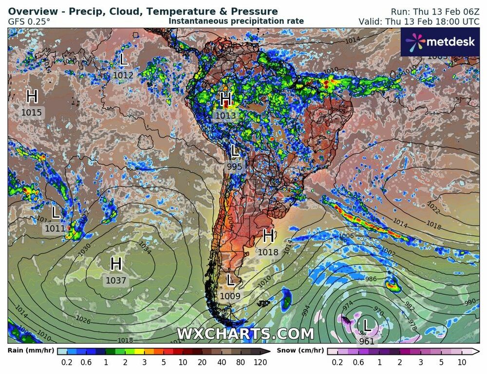 Mapa de precipitaciones en Sudamérica - 13 de febrero de 2025