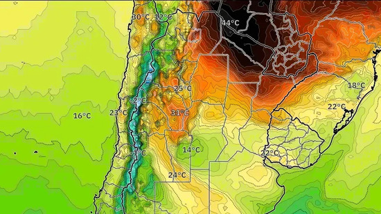 La semana nueva arranca con tormentas. La lluvia llega a su pico de 28 mm. Salta baja de 32 °C a 21 °C.